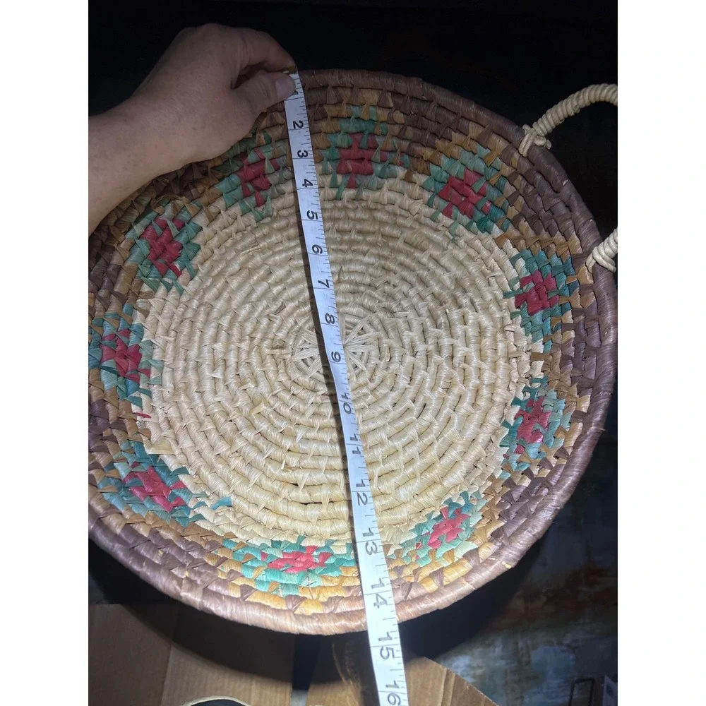 Vintage Handwoven Round Raffia Basket Tray Floral Geometric Pattern with Handles